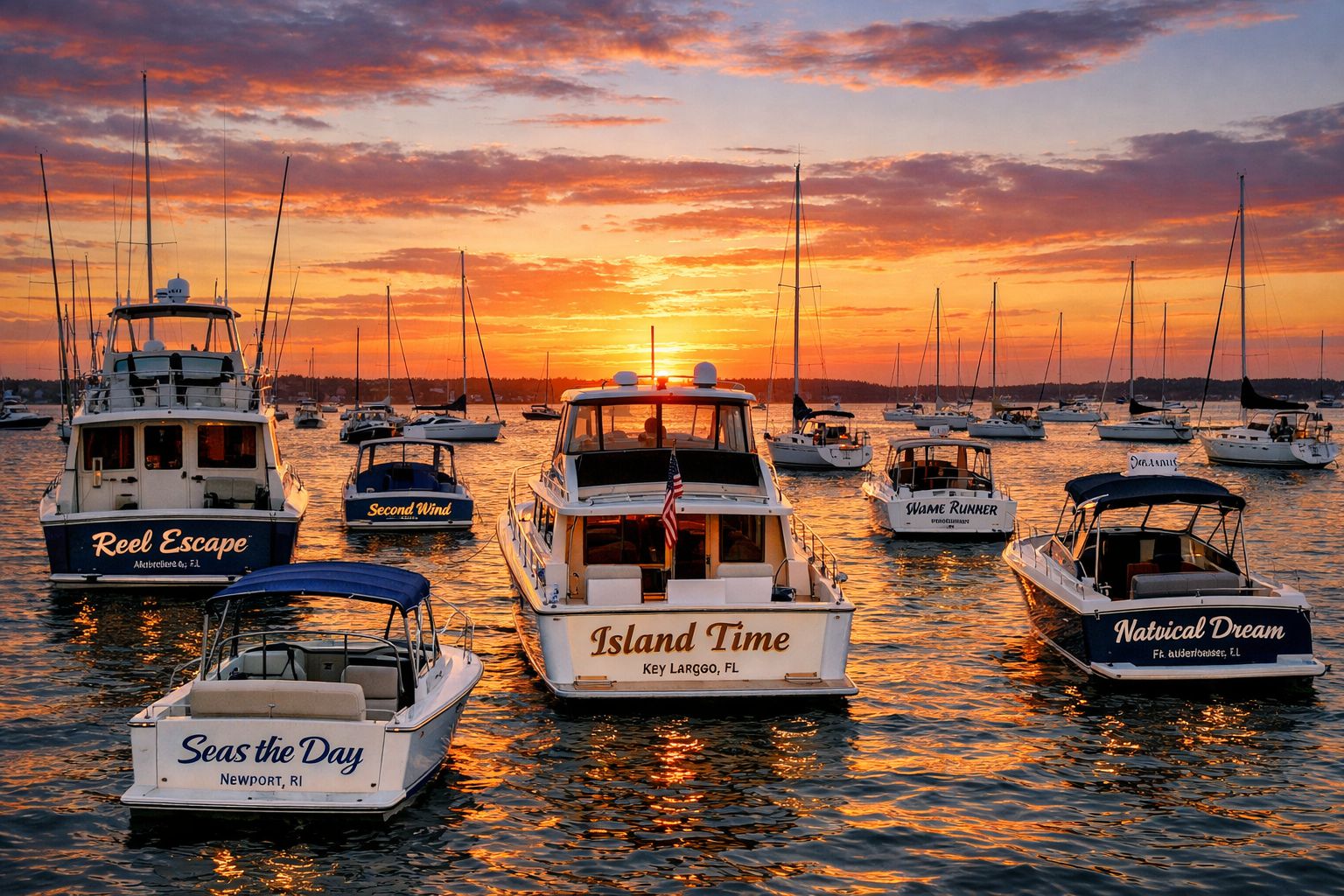 Several boats anchored at a marina during sunset, each displaying custom boat names and lettering on their sterns, with warm orange skies reflecting on the water.